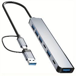 7-in-1 USB-C Hub with USB 3.0 Ports, Dual Type-C & 5 USB-A Connectors, Ultra Slim Portable Data Hub for Laptop, Aluminum Alloy, Compatible with PS4, Flash