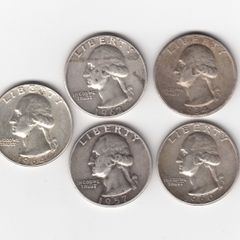USA, 5 x Quarter Dollars, 90% silver coins (no. 489)