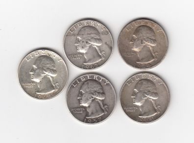 USA, 5 x Quarter Dollars, 90% silver coins (no. 489)