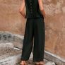 black linen woven fabric button frill top and trousers. Image 2
