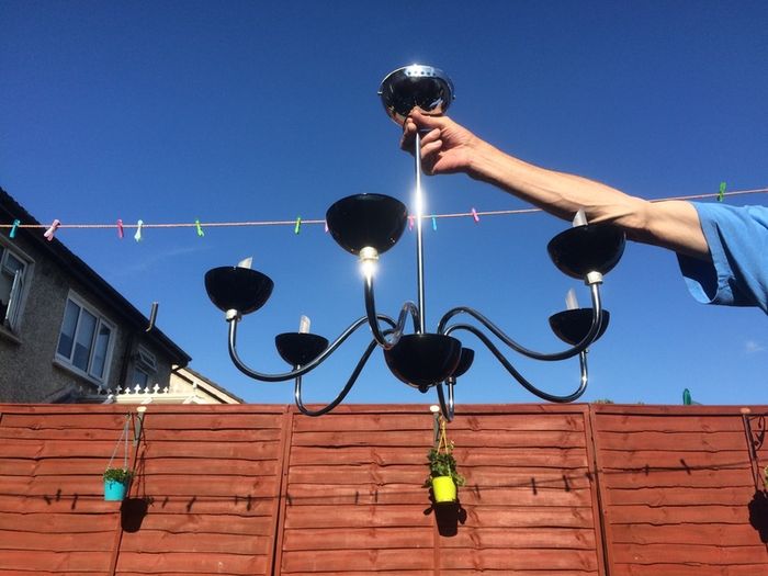 Two chandeliers for sale. Both in good condition. One of the cups is damaged (see photos for better description) not noticeable when hung. Everything else in good condition