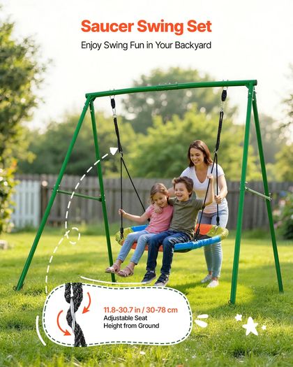 Swing Set for Backyard 100 cm Saucer Swing Seat with Heavy Duty A-Frame Metal Stand, 199.6 kg Load Capacity, Reinforced with Spiral Ground Anchors