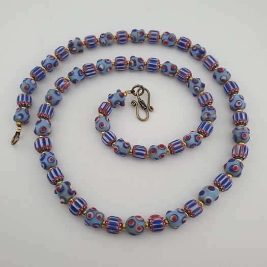 Antique Venetian Style Chevron & Skunk Glass Beads Necklace