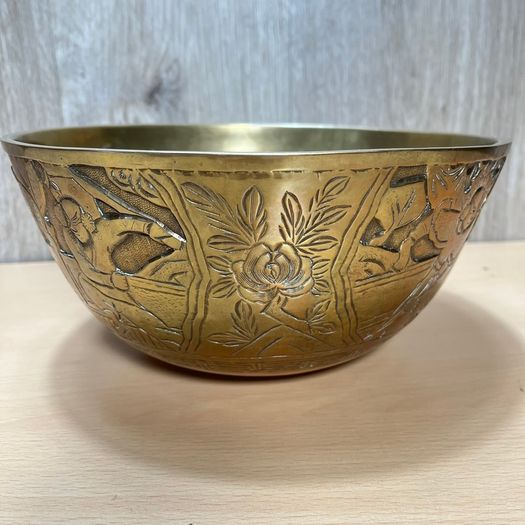 Vintage Chinese Brass Engraved Dish Bowl 24cm China c1930s Old Patina