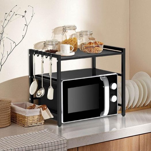Expandable Microwave Rack Shelf, 2 Tier Oven Rack Stand Holder Kitchen Corner Shelf Desktop Printer Shelf Rack, Bakers Rack, Air Fryer shelf Stand,Storage Solution Organiser (Black)