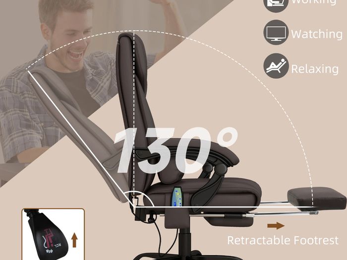 6-Point Massage Office Chair, PU Leather Desk Chair with Adjustable Height and Footrest for Home Office, Brown