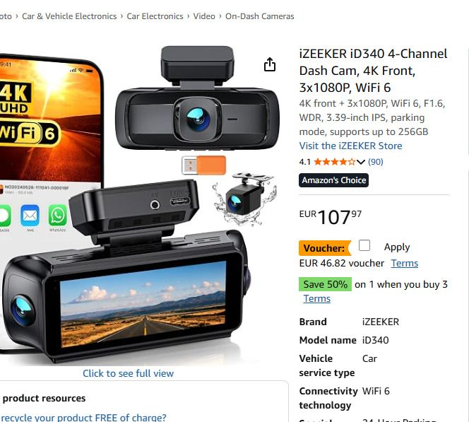 iZEEKER iD340 4-Channel Dash Cam, 4K