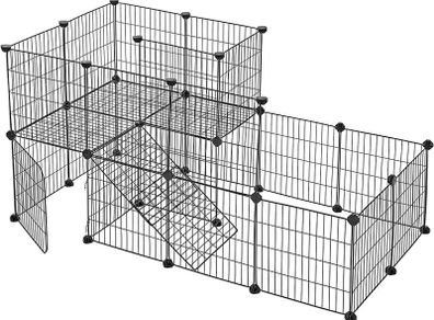 Guinea Pigs Cage, Metal Mesh Pet Playpen with Door, Customisable Fence for Small Animal, Rabbit, for Indoor Use, with Rubber Mallet, 143 x 73 x 71 cm Black (FREE POSTAGE)