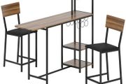 3-piece Bar Table Set, 1 Bar Table, 2 Chairs, with Wine Rack, Glass Holder, Open Shelves, Footrests, Brown
