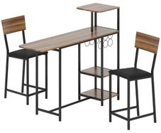 3-piece Bar Table Set, 1 Bar Table, 2 Chairs, with Wine Rack, Glass Holder, Open Shelves, Footrests, Brown