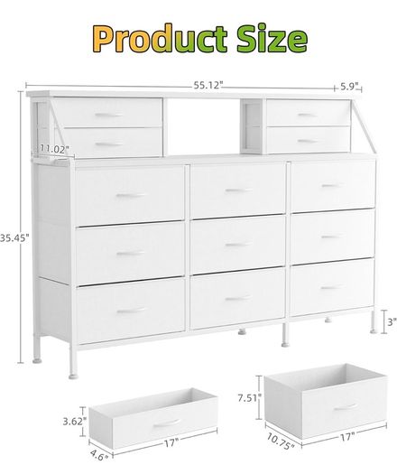 Dresser for Bedroom with 13 Drawers, 55 Wide Chest of Drawers, Fabric Dresser with 2 Wooden Shelves