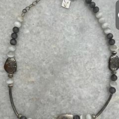 Talbots Beaded Necklace Grey White Silver Tone Adjustable