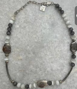 Talbots Beaded Necklace Grey White Silver Tone Adjustable
