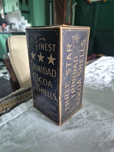 Antique Vintage Trindad cocoa shells cardboard packaging with product