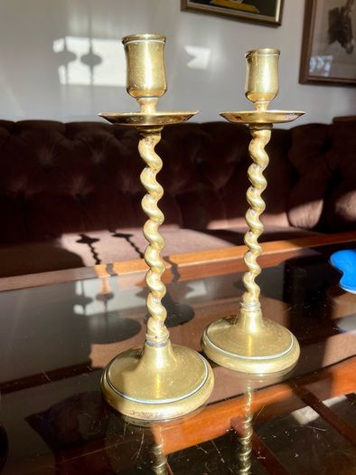 Vintage Brass Single Barley Twist Candlesticks Pair Spiral Candle Holders