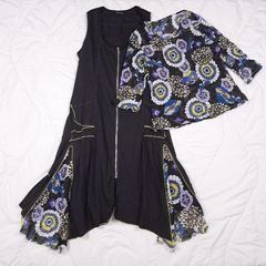 Sophie B Black Blue Green Floral Panel Zipper Midi Dress and Matching Blouse Two-Piece Set 18UK/46EU