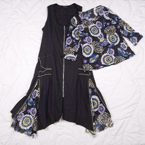 Sophie B Black Blue Green Floral Panel Zipper Midi Dress and Matching Blouse Two-Piece Set 18UK/46EU