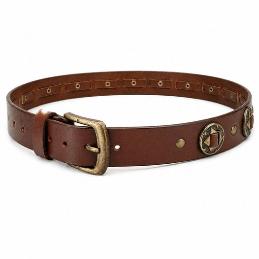 Unisex Genuine Leather Studded Belt Vintage Brown Leather Belt with Antique Brass Rivets & Buckle