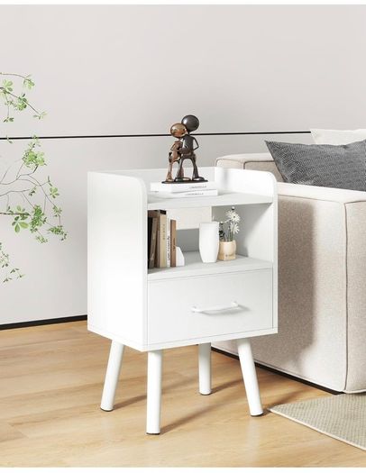 Bedside Table Set of 2, Nightstand, Side Table, Wooden Sofa End Table with Fabric Drawer, Open Shelf, Solid Wood Legs, 39x29x63 cm, for Bedroom, Living Room, White