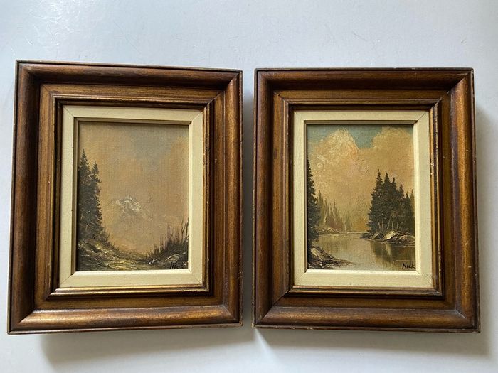 Pair of Vintage Mid-Century Mountain Landscape Oil Paintings, Signed "Nick", Framed