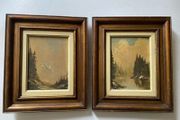 Pair of Vintage Mid-Century Mountain Landscape Oil Paintings, Signed "Nick", Framed