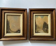 Pair of Vintage Mid-Century Mountain Landscape Oil Paintings, Signed "Nick", Framed