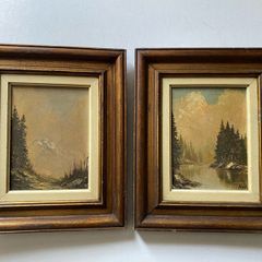 Pair of Vintage Mid-Century Mountain Landscape Oil Paintings, Signed "Nick", Framed