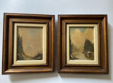 Pair of Vintage Mid-Century Mountain Landscape Oil Paintings, Signed "Nick", Framed
