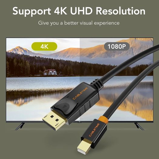 Cabletime 2M Mini DisplayPort to DisplayPort v1.2 Male (4K@60Hz) (Video-Audio) (Gold-Plated) Cable (Brand New/Warranty)