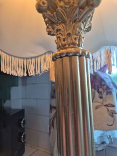 Tall lamp Vintage Gold metal Neoclassical  column lamp with silk called fringed tassled shade
