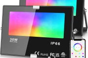 LED Flood Lights Outdoor, 30W 2pack Smart RGB Floodlight with APP Control, IP66 Waterproof, 2700K Warm White, Timer, Colour Changing Outdoor Light for Garden, UK 3-Plug