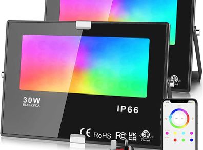 LED Flood Lights Outdoor, 30W 2pack Smart RGB Floodlight with APP Control, IP66 Waterproof, 2700K Warm White, Timer, Colour Changing Outdoor Light for Garden, UK 3-Plug
