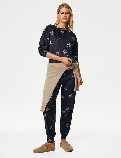 M&S COLLECTION Fleece Star Print Pyjama Set Size M!