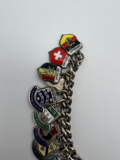 Vintage Sterling Silver Travel Shield Place Name Souvenir Charm Bracelet - 33 Charms from UK and Europe - Approx 55g