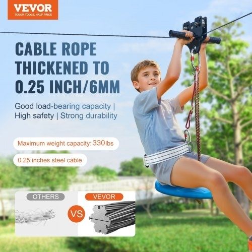 Zipline Kit for Kids and Adult, 24.38 m Zip Line Kits Up to 227 kg, Backyard Outdoor Quick Setup Zipline, Playground Entertainment with Stainless Steel Zipline, Spring Brake, Safety Harness, Seat