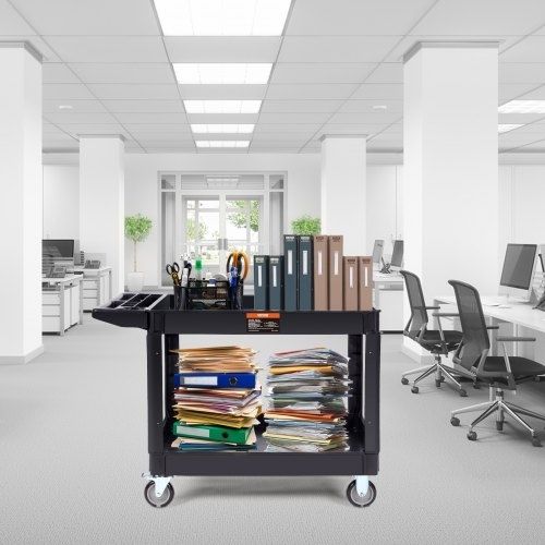 Utility Service Cart, 2 Shelf 249.5 kg Heavy Duty Plastic Rolling Utility Cart with 360 Swivel Wheels (2 with Brakes), Large Lipped Shelf, Ergonomic Storage Handle for Warehouse/Garage/Cleaning