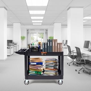 Utility Service Cart, 2 Shelf 249.5 kg Heavy Duty Plastic Rolling Utility Cart with 360 Swivel Wheels (2 with Brakes), Large Lipped Shelf, Ergonomic Storage Handle for Warehouse/Garage/Cleaning