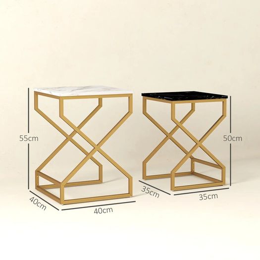 Set of 2 Marble-Effect Nesting Tables, Modern Space-Saving Side Tables for Living Room & Bedroom