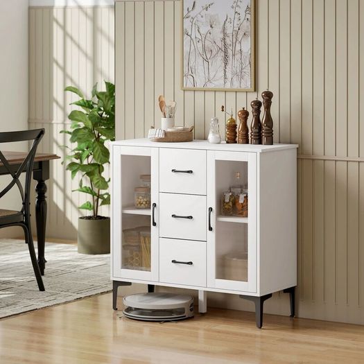 Modern sideboard with soft-close doors, buffet cabinet with 3 drawers, 2 glass doors, adjustable shelves, MDF, white