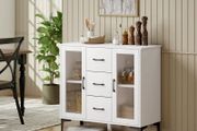 Modern sideboard with soft-close doors, buffet cabinet with 3 drawers, 2 glass doors, adjustable shelves, MDF, white