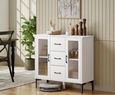 Modern sideboard with soft-close doors, buffet cabinet with 3 drawers, 2 glass doors, adjustable shelves, MDF, white