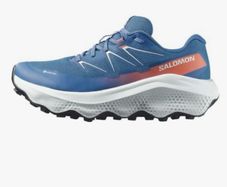 pair of Salomon Ultra Flow 2 Gore-Tex, Men's Versatile Trail Running Waterproof Shoes for Comfort, Good for Hiking and Trail Running on Outdoor Adventures, 2025 GTX Dark Blue Ballad Blue Cherry Tomato