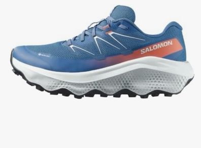 pair of Salomon Ultra Flow 2 Gore-Tex, Men's Versatile Trail Running Waterproof Shoes for Comfort, Good for Hiking and Trail Running on Outdoor Adventures, 2025 GTX Dark Blue Ballad Blue Cherry Tomato