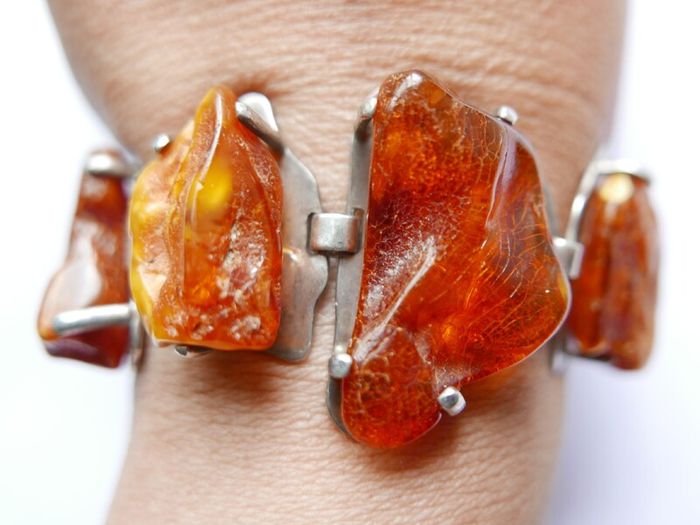 54.4gr giant UNIQUE Baltic Amber Bracelet, SET IN STERLING SILVER 925, Dark Honey Amber Chain and Link Bracelet with natural Inclusions