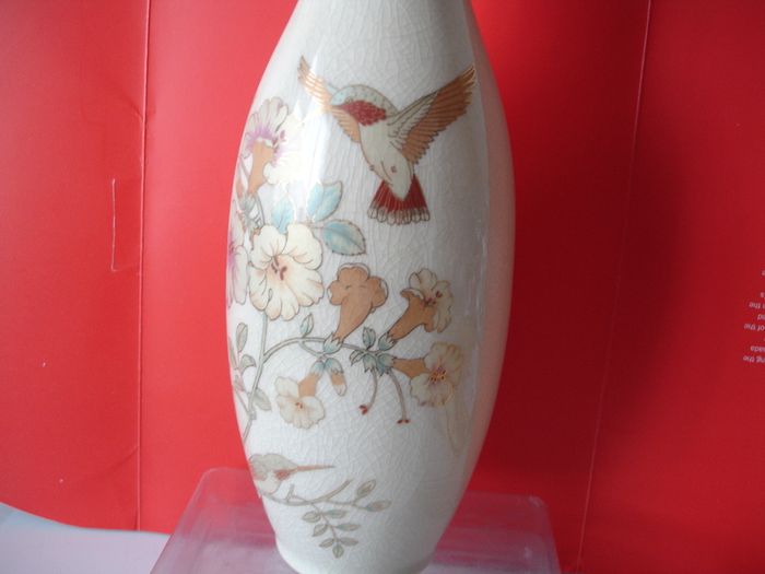 Crackle Glaze Vase   Humming Bird Sucking Nectar  11inches