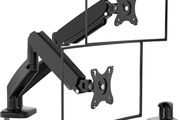 Aluminum Dual Monitor Stand for two Screens, Height Adjustable, 360 Rotatable Gas Spring Arm, 2 Optional Mounting Methods, Support VESA 75-100mm.
