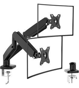 Aluminum Dual Monitor Stand for two Screens, Height Adjustable, 360 Rotatable Gas Spring Arm, 2 Optional Mounting Methods, Support VESA 75-100mm.