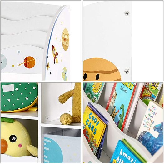 Children's Room Shelf, Toy Organiser, Bookcase for Children, Multifunctional Shelf with 2 Storage Boxes, Outer Space Stickers for Kids Bedroom, White