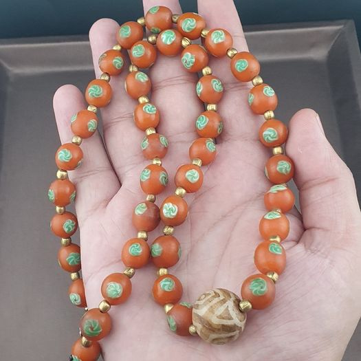 Vintage Venetian Style Orange Floral Glass With pumtek pyu Pendant Necklace