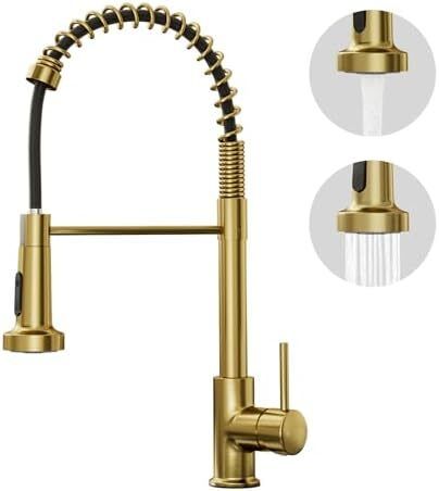 Gold Kitchen Mixer Tap with Pull-Out Spray, 2-Function Spring Faucet, 360 Swivel High-Arc Design, Hot & Cold Water